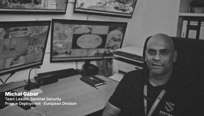 Michal Gábor, team leader at Sentinel Security, on an active security site